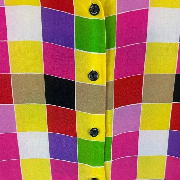 Suitsme Vibrant Retro Style Relaxed Fit Silk Multicolor Checkered Small Blouse - Picture 7 of 11